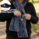 Faux-Fur Pull Through Scarf With Hidden Zipper Pocket for Women, Fur Neck Collar Scarf Cozy Wrap Secure Concealed Storage (Black)
