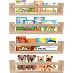 Nursery Book Shelves Set of 4,Wood Floating Nursery Shelves for Wall,Wall Bookshelves for KidsBathroom Decor, Kitchen Spice Rack (Set of 4)