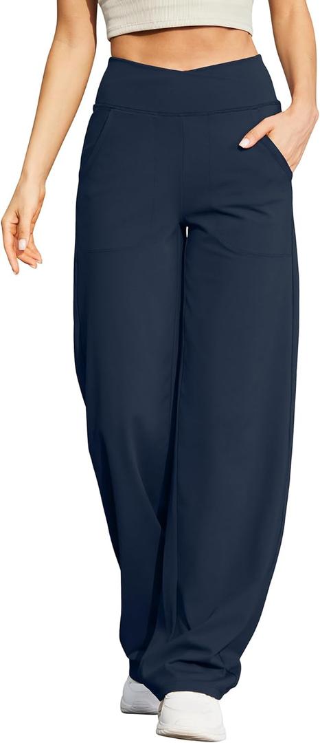 G4Free Wide Leg Pants for Women Loose Yoga Pants with Pockets Petite/Regular/Tall Stretch Casual Lounge Pants (Medium, Dark Navy)
