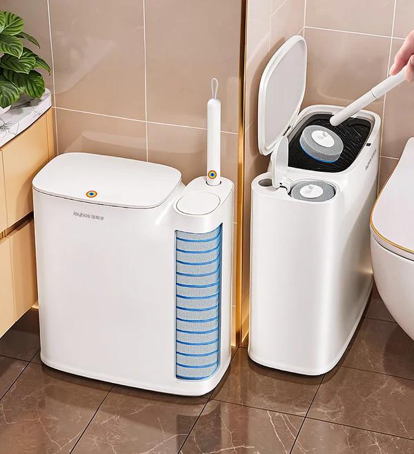 Joybos Bathroom Trash Can Set Narrow White Plastic Small Trash can, a Toilet Wand, Toilet Brush Holder and 36 Refills, 2 Gallon Trash can with popup lid, Suitable for bathrooms and Small Toilets.