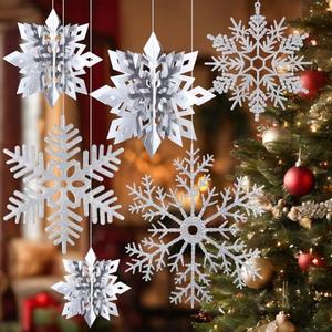 Hungdao 12 Pcs 16''/12''/10''/7''/6'' Large Winter Hanging Snowflake Ornament Decoration Set 3D Glittery Snowflake Christmas Tree Ornament for Winter Birthday New Year Party(Sliver)