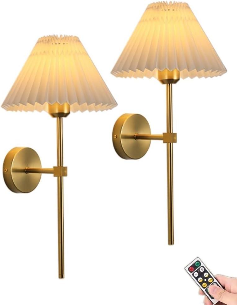 Battery Operated Wall Sconces Gold Set of Two with Remote,Rechargeable Wall lights with Timer,Indoor Non Hardwired Wall Lamp Light Fixtures Brass With Fabric Shade for Bedroom Living Room Bathroom