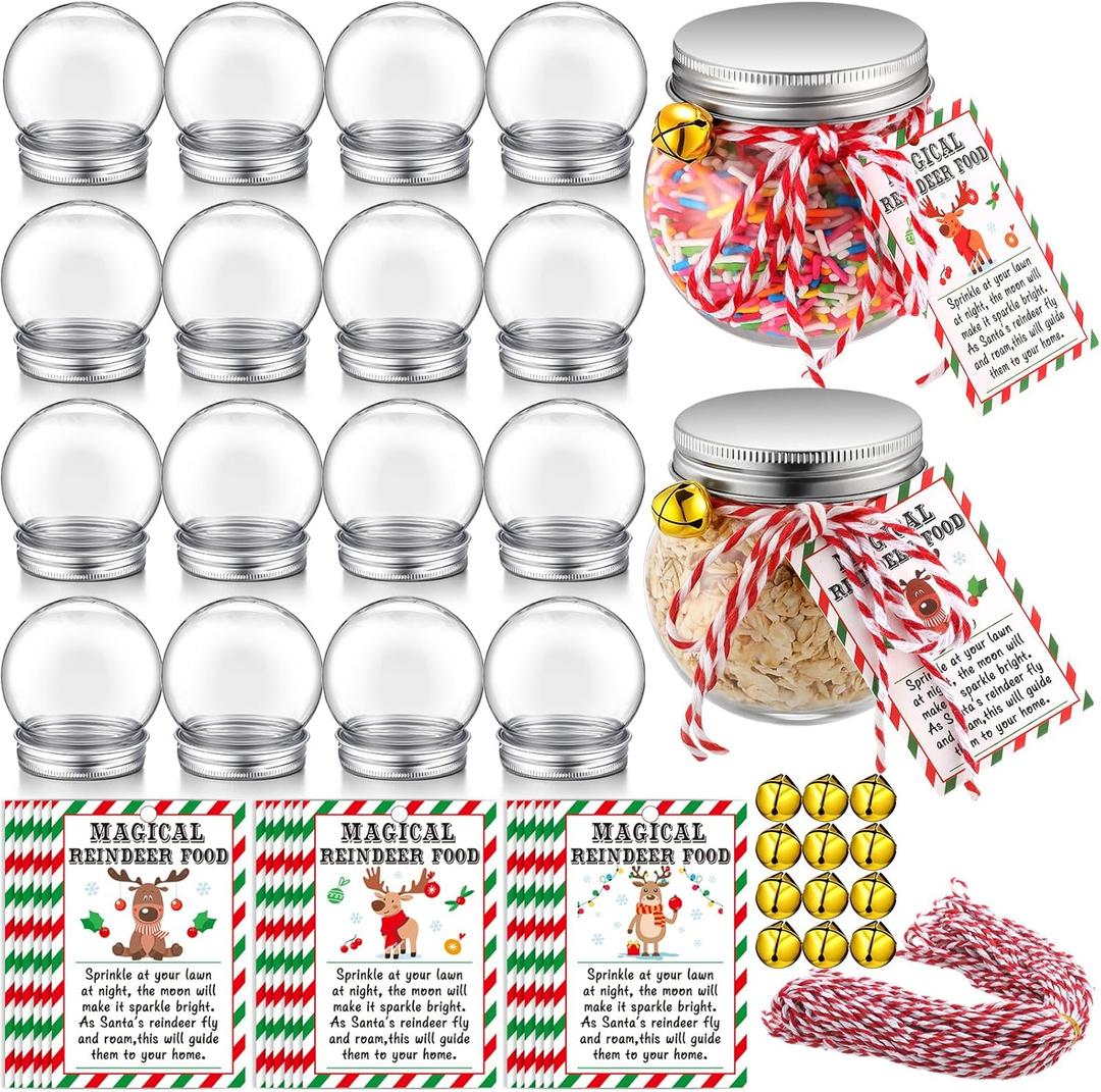 Suclain 16 Set Christmas Reindeer Food Jar Filled Attached Paper Card Bells and Twine Christmas Eve Tradition Present Gift for Xmas Party Favor(Spherical)