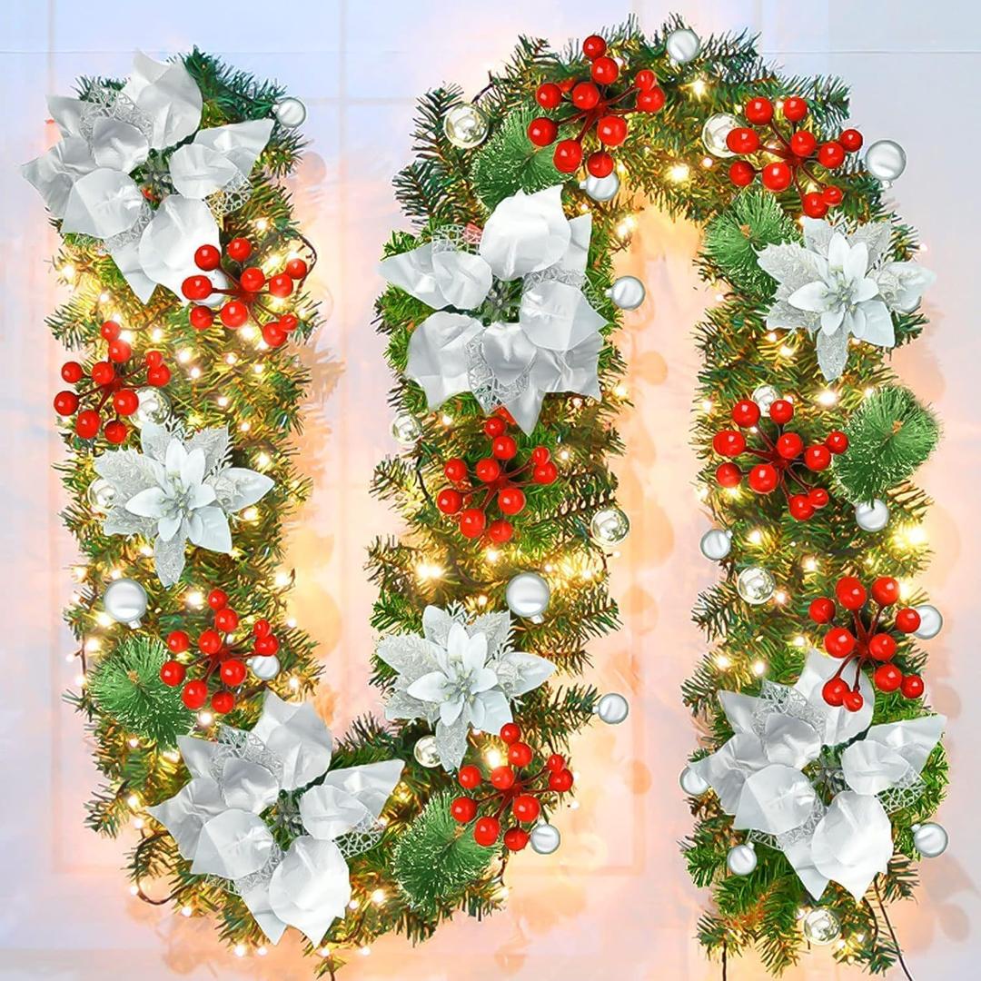 Christmas Garland,Christmas Garland with Lights,Xmas Decor,9 ft Rattan Artificial Flower Vine Plants Xmas Decorations for Indoor Outdoor Home Mantel Fireplace Stairs (Green)