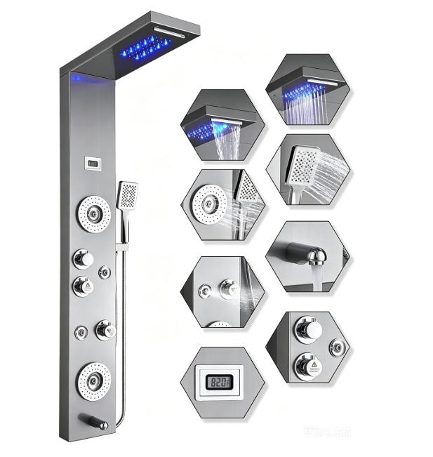 ELLO&ALLO Stainless Steel Shower Panel Tower System,LED Rainfall Waterfall Shower Head 6-Function Faucet Rain Massage System with Body Jets, Brushed Nickel 