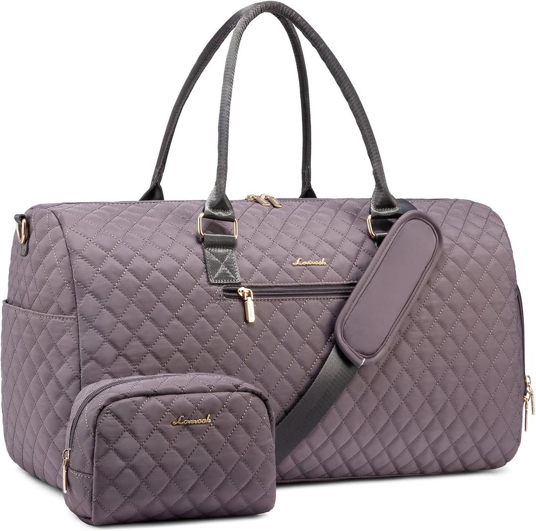 LOVEVOOK Travel Duffle Bag, Weekender Bag for Women with Toiletry Bag, Carry on Overnight Bag with Shoe Compartment, Gym Duffel Bag with Wet Pocket, Mommy Hospital Bags for Labor and Delivery (Large, Purple Grey)
