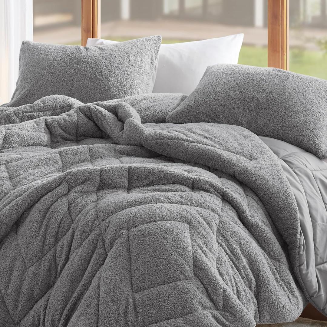 Comfort Spaces King Comforter Set Reversible Feather-Soft Plush Comforters for King Size Bed All Season Lightweight Shearling Fleece Sherpa Comforter King Size Bed Set, King/Cal King, Grey 3 Piece