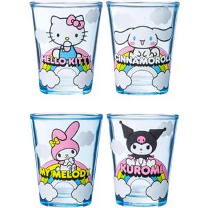 Silver Buffalo Sanrio Hello Kitty and Friends Featuring Cinnamoroll, My Melody, and Kuromi Rainbow Cloud 4 Pack Mini Glass Set, 1.5 Ounces