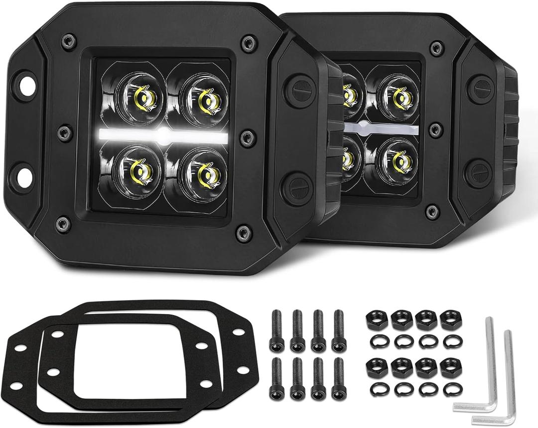 Flush Mount LED Pods with White DRL Spot CREE LED Bumper Light Offroad Driving Fog Lights Flush Backup Reverse LED Lights for Trucks Pickup SUV UTV ATV Ram Chevy (5 Inch Flush)