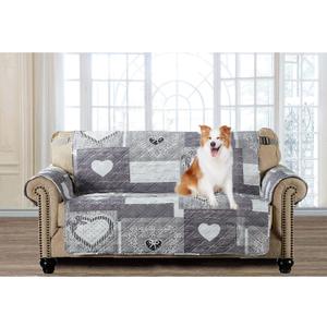 Brilliant Sunshine Grey Heart Love Patchwork Couch Cover, Quilted Oversized Loveseat Slipcover, 54" Seat Width, Slip Resistant Furniture Protector, 2" Strap, Washable Couch Cover for Pets, Kids, Grey
