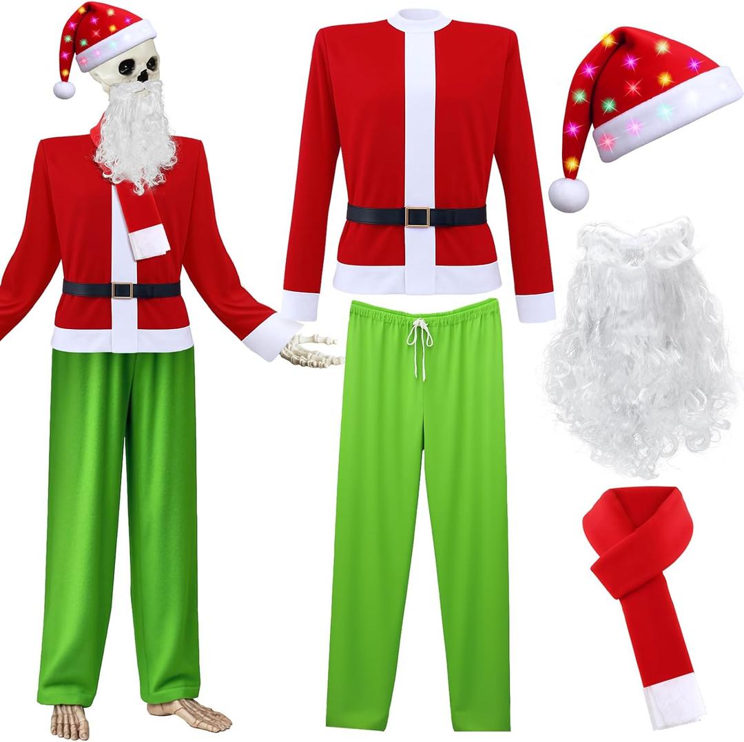 5 Pcs 12 ft Skeleton Christmas Costume Accessories Set Includes Santa Claus Top, Hat, Fake Fur Beard, Belt, Pants, and Scarf for Xmas Garden Lawn Outdoor Decoration Adult