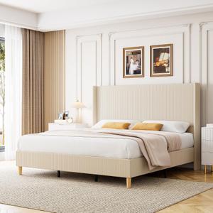 IDEALHOUSE King Size Corduroy Upholstered Bed Frame, Platform Bed with 51" Tall Vertical Stripe Wingback Headboard, No Box Spring Needed/ Wooden Slats/ Noise Free/ Beige