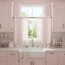 Blush Pink Lace Curtains 36 Inch Length, 2 Panels, W42 x L36 Inch Each, Country Rustic Floral Coquette Lace Cafe Curtains for Kitchen Window, Rod Pocket Privacy Short Sheer Curtain for Small Windows