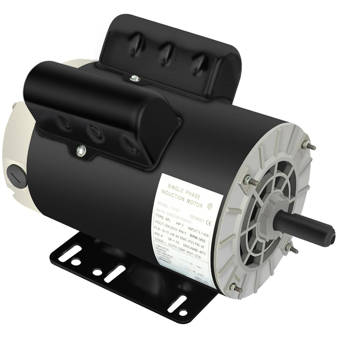 Air Compressor Motor, 5 HP SPL Single Phase Electric Motor 3450RPM 56 Frame 208-230V 5/8" Shaft Diameter ODP CCW Rolled Steel Shell