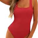 ANRABESS Womens One Piece Swimsuit 2025 Summer Solid Square Neck Tummy Control Modest Full Coverage Ribbed Bathing Suits (Medium, Red)