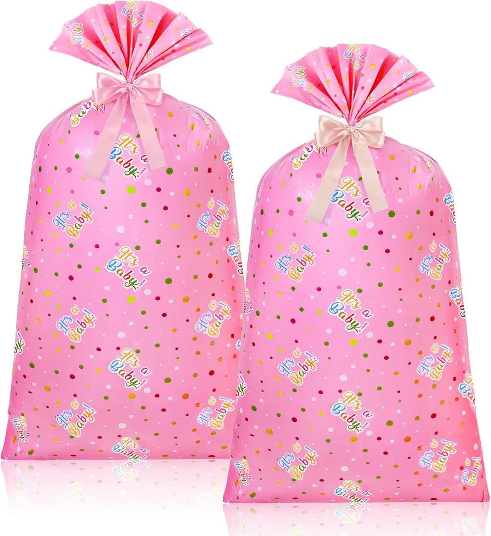 Teling 2 Pcs 70"x 40" Extra Large Jumbo Gift Bag for Wrapping Giant Gifts, Big Plastic Present Bag with 2 Rolls Ribbons for Birthday Party(Pink Style)