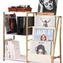 Stand for Record Player, 3 Tier Vinyl Record Storage with Now Playing Holder, Turntable Stand, Vinyl Display with Speaker Storage for Living Room, Gold White