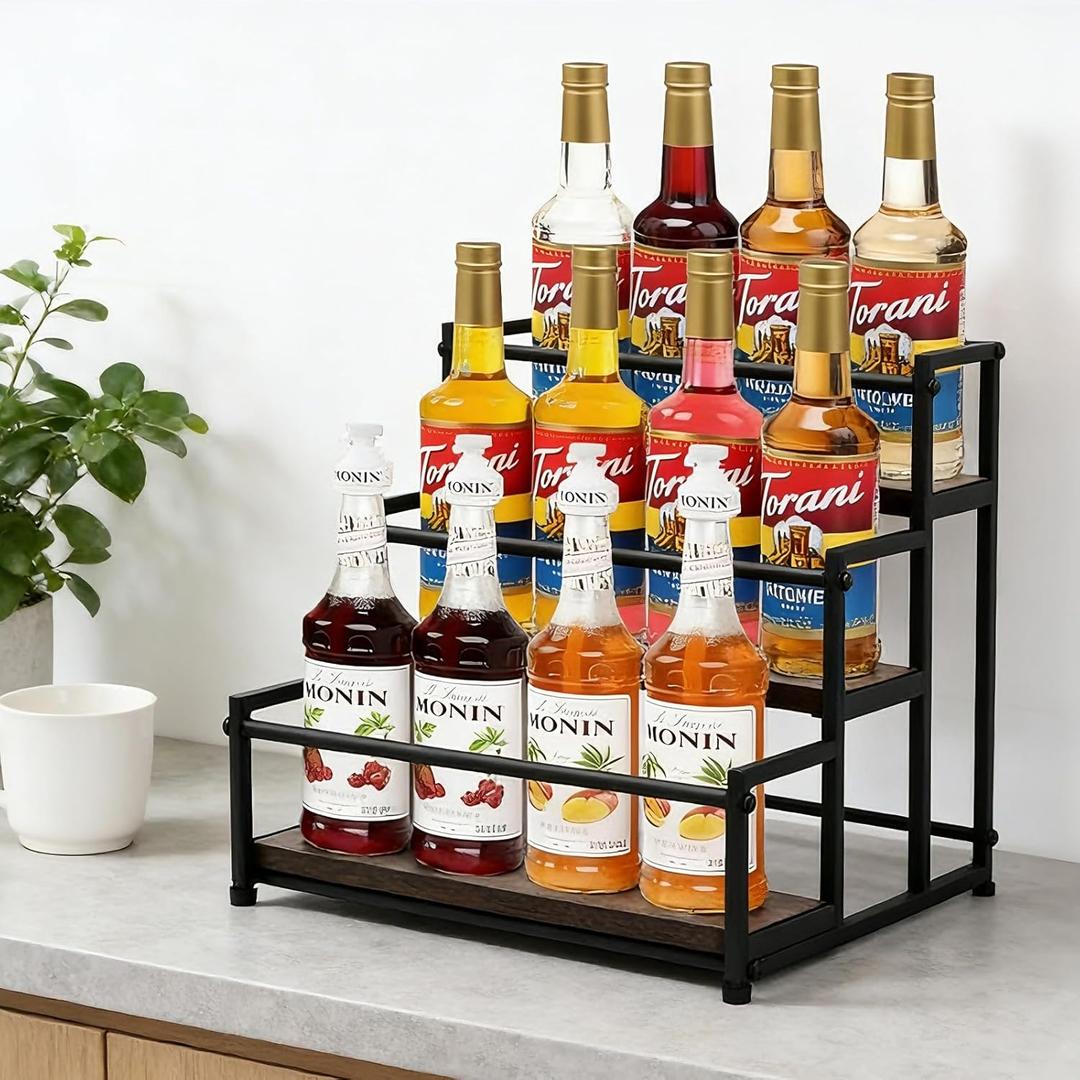 Coffee Syrup Rack Organizer - Metal Bottle Holder for 12 Bottles Rustic Countertop Display Shelf for Coffee Bar, Kitchen Cabinet, Pantry Storage for Syrups, Liquor, Spice, Tea & Wine (3-Tier)
