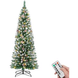 5ft Pre-lit Artificial Christmas Tree, Frosted Pencil Slim Christmas Tree Decoration with 160 Warm White Lights, 8 Lighting Modes, 400 Frosted Tips, 25 Pine Cones, Metal Stand (4ft 11in, Mc02)