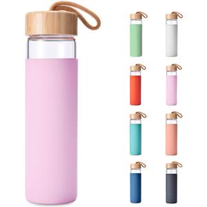 20 Oz Borosilicate Glass Water Bottles with Silicone Sleeve BPA Free, Dishwasher Safe - Reusable Clear Glass Drinking with Leak Proof Bamboo Lid | Perfect Gym Water Bottles for Men & Women (Lavendar Pink)