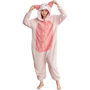 Adult Pig Costume Cute Pig Onesie Pajamas Hooded Zipper Halloween Animal Cosplay Costume for Women Men (Large, Pink)