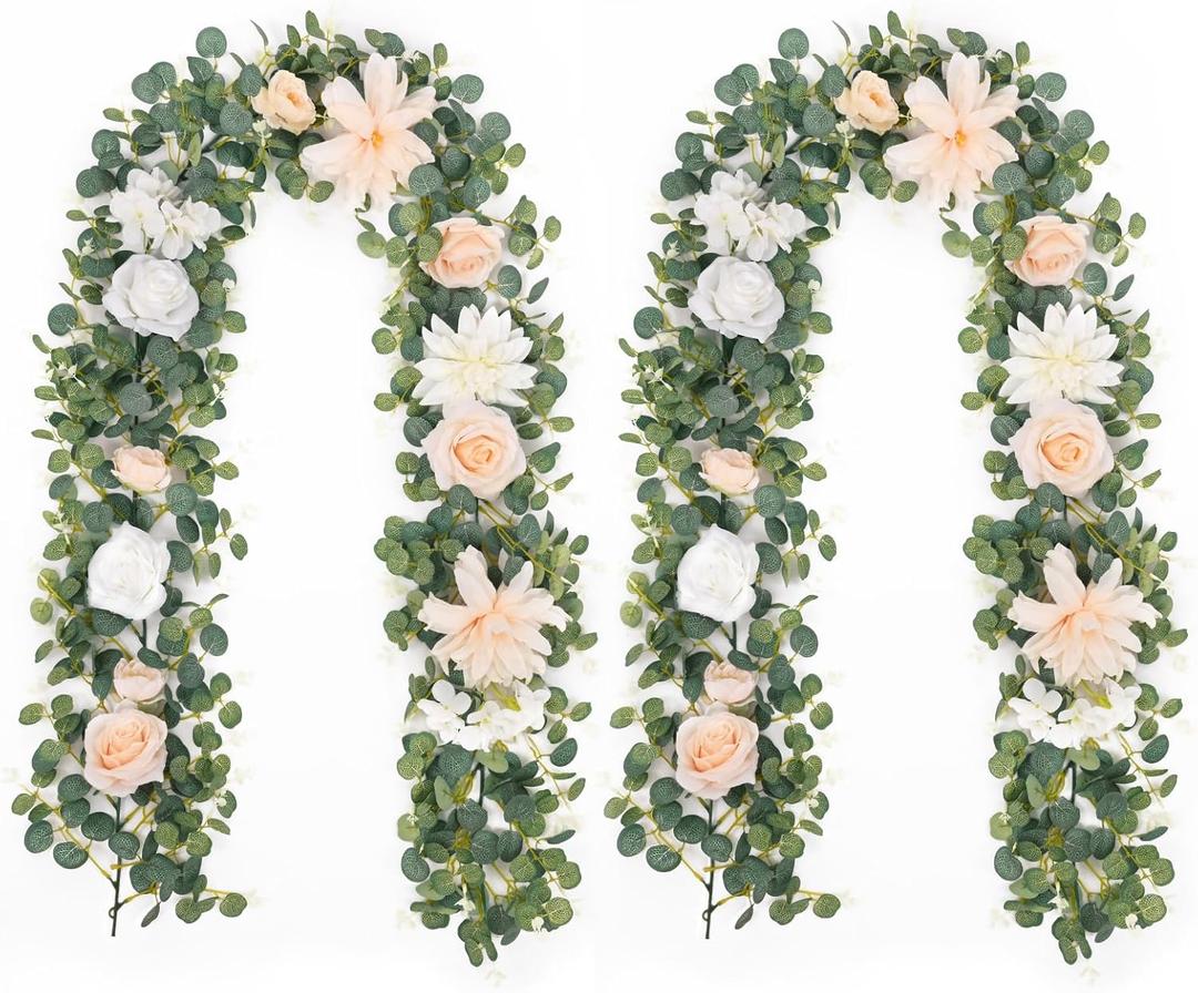 Waipfaru 2Pcs 6.07Ft Eucalyptus Greenery Garland with Flowers, Dusty Blue and White Rose Flower Vines for Wedding Table Runner Centerpieces Backdrop Room Decor (Champagne)