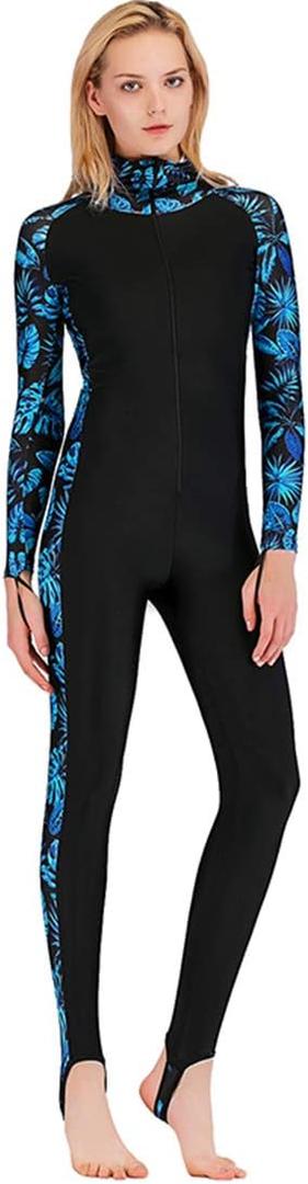 Micosuza Full Body Swimsuit Swim Suit Full Coverage - Long Legs Long Sleeves for Women One Piece Rash Guard (XX-Large, Blue Leaves)