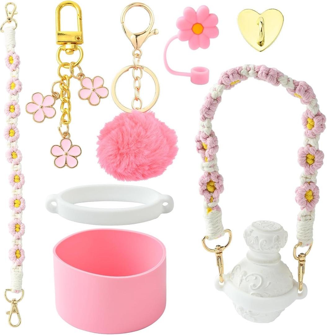 Pink Color Plastic Cup Accessories Set with Water Bottle Handle Strap Straw Cap Cup Sleeve Key Chain Clasps Plush Ball Charms Accessories for DIY Bottle Drink Decor