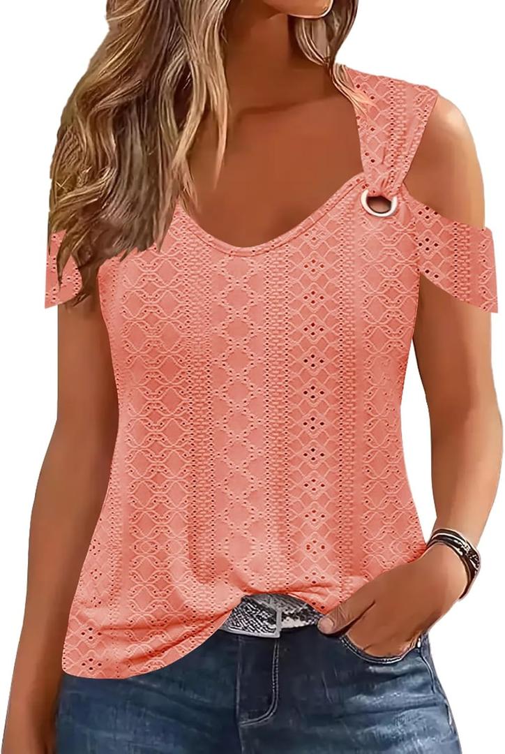 Disamer Womens Tops Summer Off The Shoulder 2026 Spring Fashion Short Sleeve T Shirt Basic Tees Sexy Dressy Casual Blouse (Small, Lace Orange)