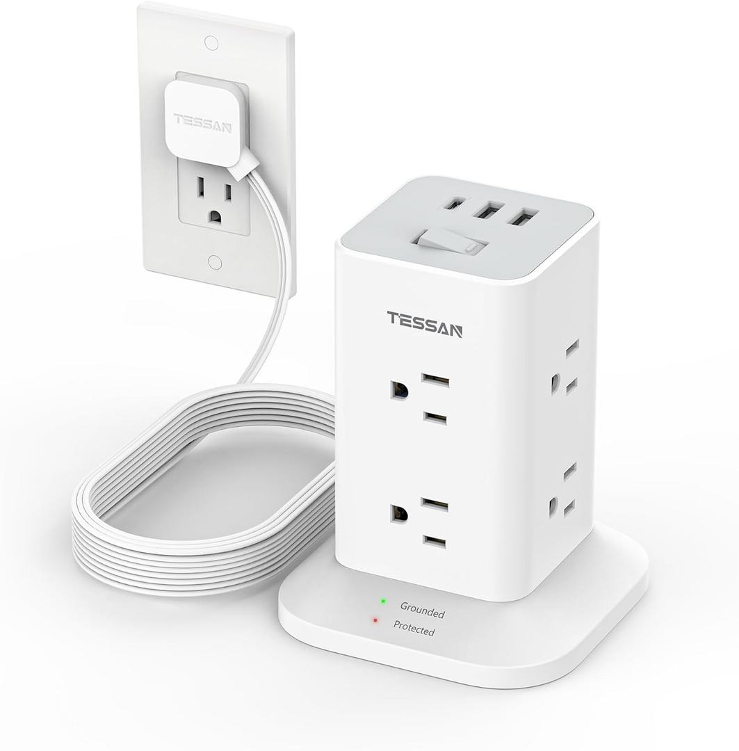 Surge Protector Power Strip Tower 10 FT, TESSAN Flat Plug Extension Cord with 8 AC Outlets 3 USB Ports (1 USB C), 1700J Protection Desk Charging Station for Home, Office Supplies, Dorm Room Essentials (White)