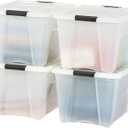 IRIS USA 54 QT Plastic Storage Box with Lid and Latches - 4 Pack - BPA-Free, Discreet Organizing Solution, Durable Nestable Stackable Containers, Secure Pull Handle - Pearl