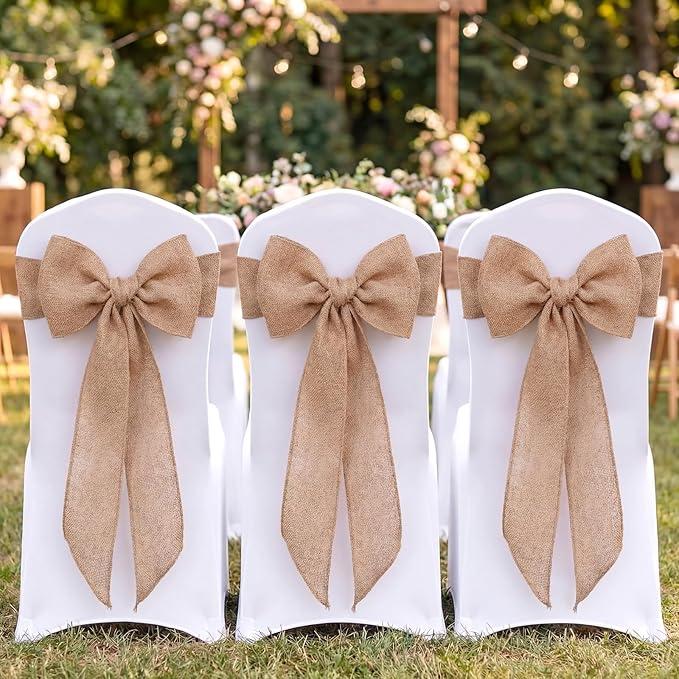 Suncalla 10 Pcs Burlap Chair Bows Sashes 24 x 13'' Ribbon Pack Wedding Natural Chair Sashes Rustic Jute Boho Linen Ties for Farmhouse Events Anniversary Bridal Ceremony Reception Banquet Party Decor