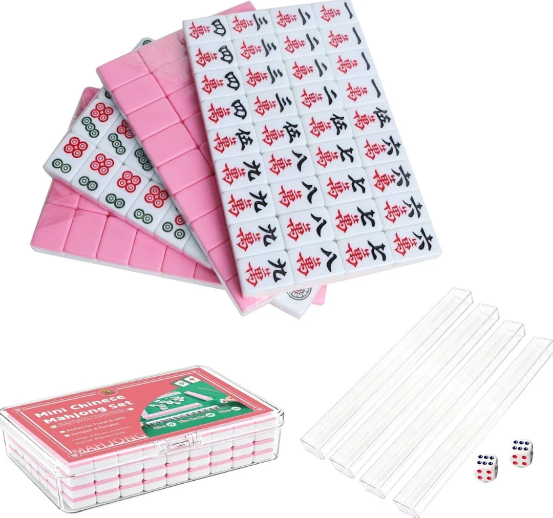 Portable Mahjong Set - 144 Pcs Cute Pink Tiles For Travel 