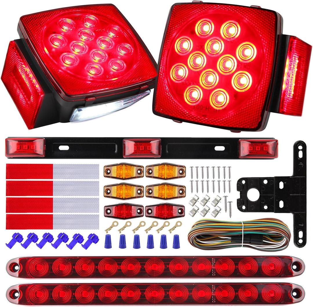 Partswcgg 12V Led Utility Trailer Lights Wiring Kit, Square Combination Stop Turn Tail License Lights,Red/Amber Marker Lamp,3rd Third Brake Tail Red Clearance ID Light Strip Bar w/25ft Wiring Harness