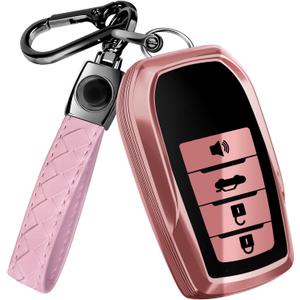 Lucrum Compatible with Toyota Key Fob Cover & Leather Keychain, Keyfob Case for Avalon Camry Corolla Prius RAV4 Highlander (Black & Pink)