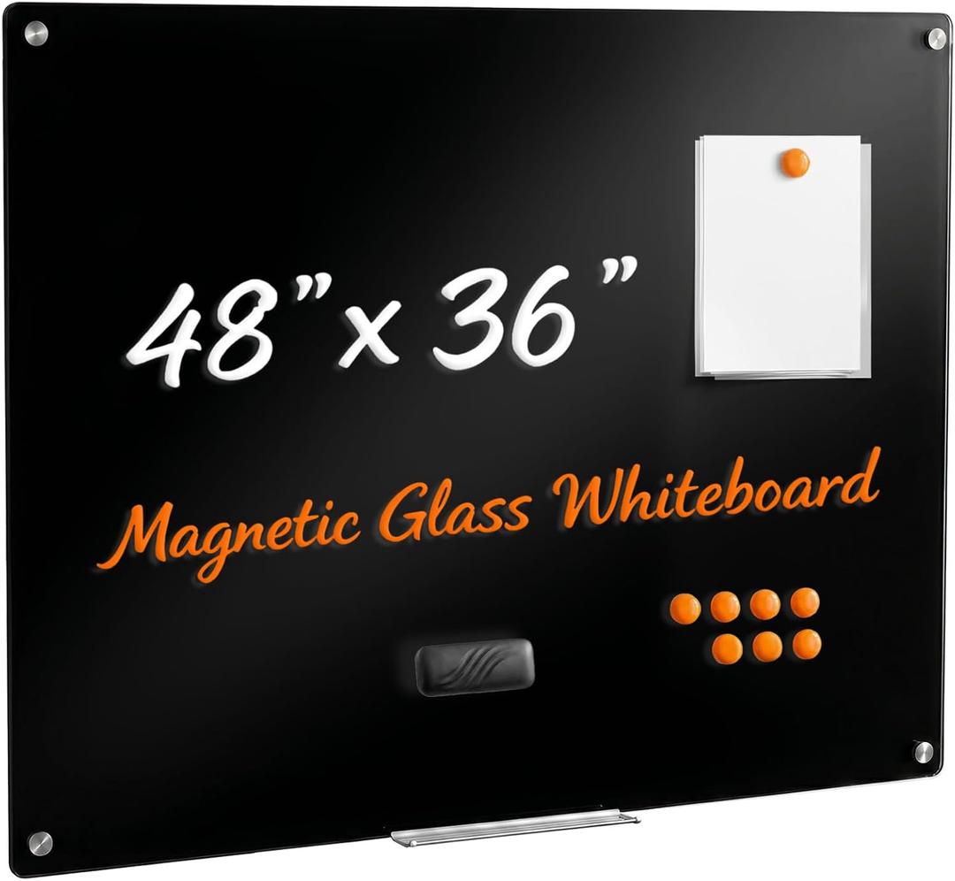 ELUNEX Floating Magnetic Tempered Glass Blackboard, 48x36in, Obsidian Black | Versatile 4 x 3 ft Floating Glass Blackboard for Offices, Classrooms and Studios