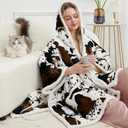 Heated Electric Blanket Shawl Cow Print Wearable Heated Blanket with Hood & Pocket, Winter Gifts for Adults, Soft Heating Blanket Throw with 4 Heat Levels & Auto Shut-Off, Cow Print, 50" x 64"