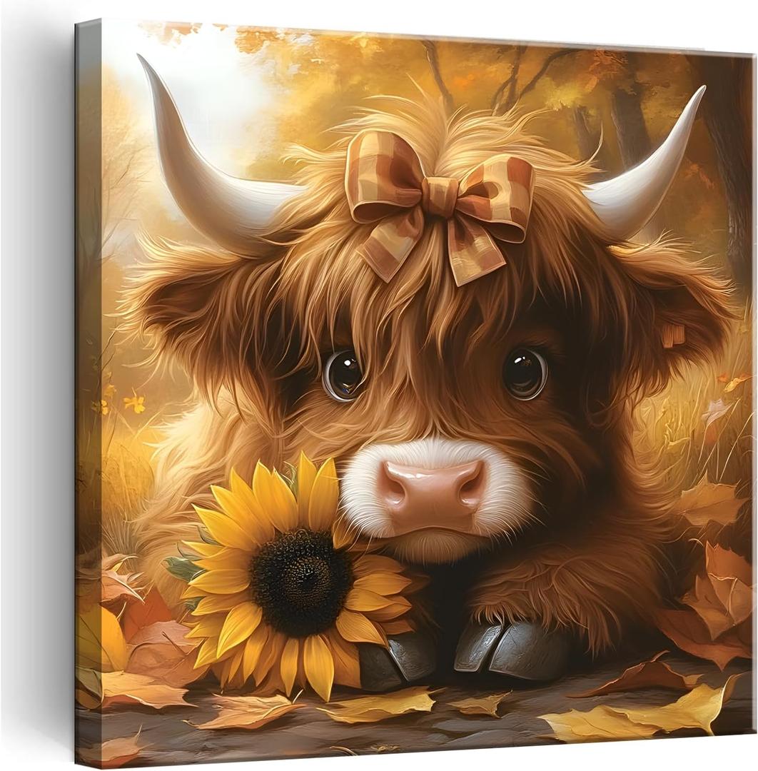 Cute Highland Cow Baby Canvas Wall Art Rustic Farmhouse Sunflower Wall Decor Picture Baby Cow Poster Print for Bedroom Bathroom Home Decoration 12x12in