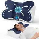 JOLLYVOGUE Cervical Neck Pillow for Pain Relief Memory Foam Side Sleeper Pillow with Cooling Pillowcase, Ergonomic Design for Back Stomach Sleepers, Medium, Dark Blue