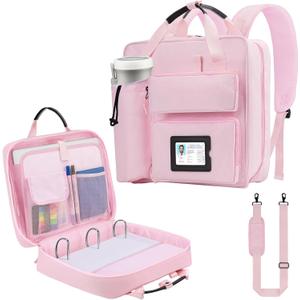 Zipper Binder 3 Ring 3-inch with Shoulder Strap & Backpack Straps, 700 Sheets Capacity Multiple Pockets Large Zip Up Binder File Folder Bag Fits 13 Inch Laptop, Pink