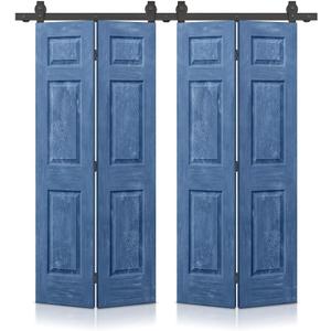 48 in. x 80 in. Vintage Blue Stain 6 Panel MDF Double Bi-Fold Barn Door with Sliding Hardware Kit