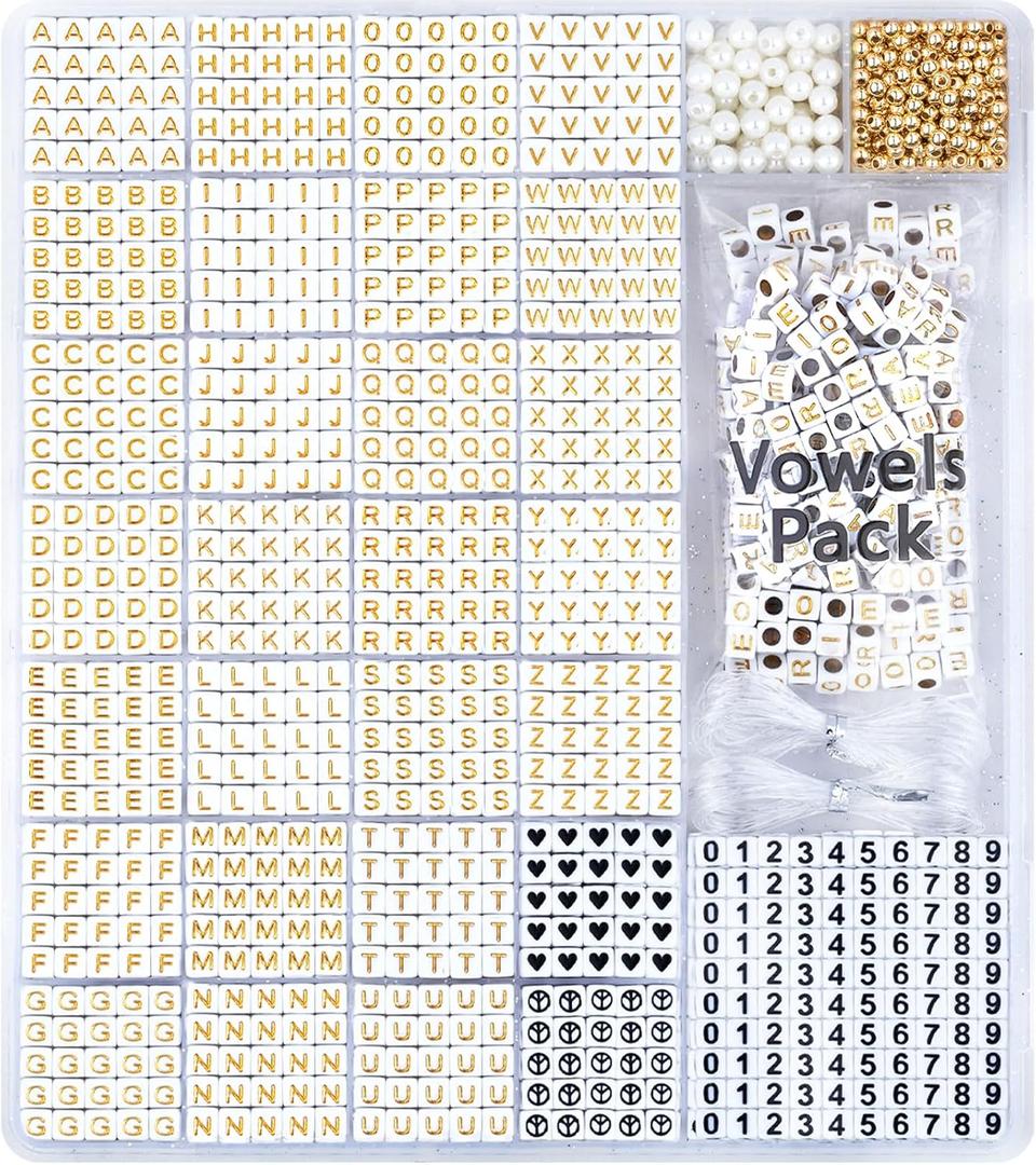 Gold Letter Beads for Bracelets - Beads for Friendship Bracelet Making- 1270Pcs Square Acrylic Letter Beads with Extra Vowels & Number Beads and Spacer Beads
