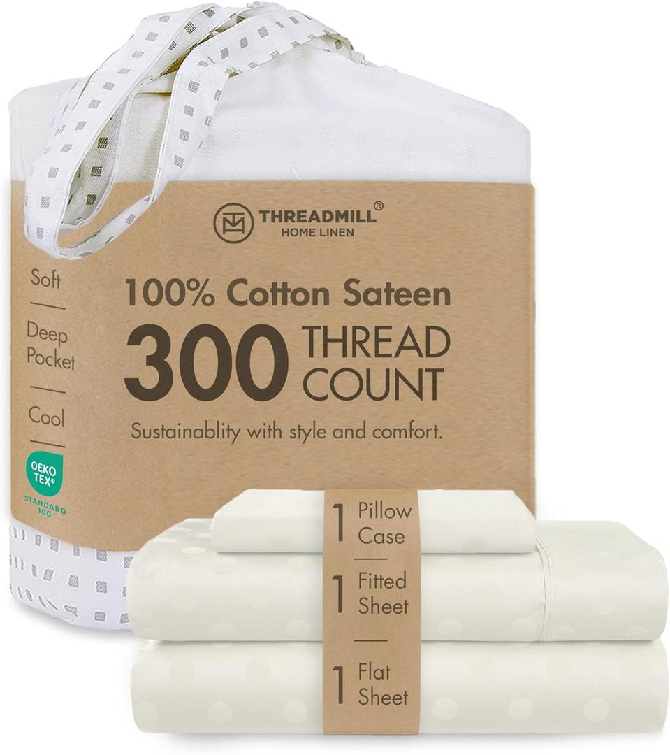 Threadmill Cotton Twin Sheet Set | 100% Cotton Sheets for Twin Size Bed | Damask Jacquard Sateen Twin Bed Sheets Set with 16 Deep Pocket | Soft Breathable 3-Piece Cooling Sheet Set | Ivory