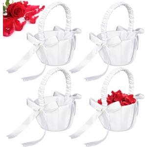 White Flower Girl Baskets for Weddings, Ivory Flower Girl Basket, Wedding Banquet Party Supplies, 8 x 5 x 3.5 Inches (4 Pcs)