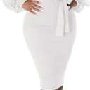 BOGURST Semi Formal Church Dresses for Women Bishop Sleeve Sexy V Neck Bodycon Midi Dresses (XX-Large, Ba White)