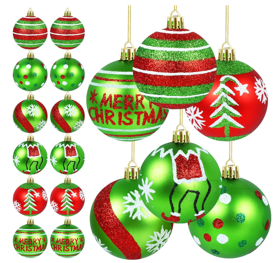 12pcs 2.4 Inch Christmas Ball Ornaments Glittering Red and Green Swirl Candy Cane Elf Balls for Christmas Tree Decorations, Plastic Hanging Pendants for Home Indoor Holiday Party Decor