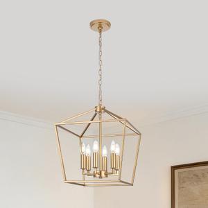 6-Light Gold Chandelier，Modern Ceiling Light Farmhouse Lantern Light Fixtures with Industrial Metal Cage Adjustable Height Kitchen Chandelier for Entryway Hallway Foyer Bedroom