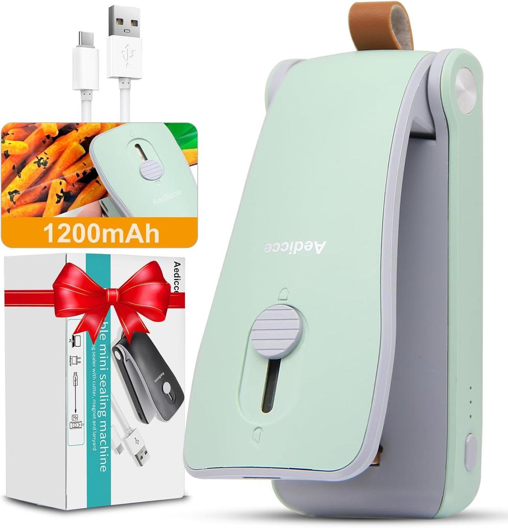 Mini Bag Sealer, USB Rechargeable Chip Bag Sealer Heat Seal, 2 in 1 Bag Sealer Heat Seal with Cutter, Portable Bag Resealer for Plastic Bags Snacks & Food Storage(Green)