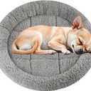 Enjoying Plush Cat Bed Mat, 15.75" Round, Self Warming Dog Bed with Pillow, Puppy Kitty Relying/Curling Sleep Cushion, Warm Bed for Small to Medium Dogs Cats Rabbits, Antiskid Bottom, Medium