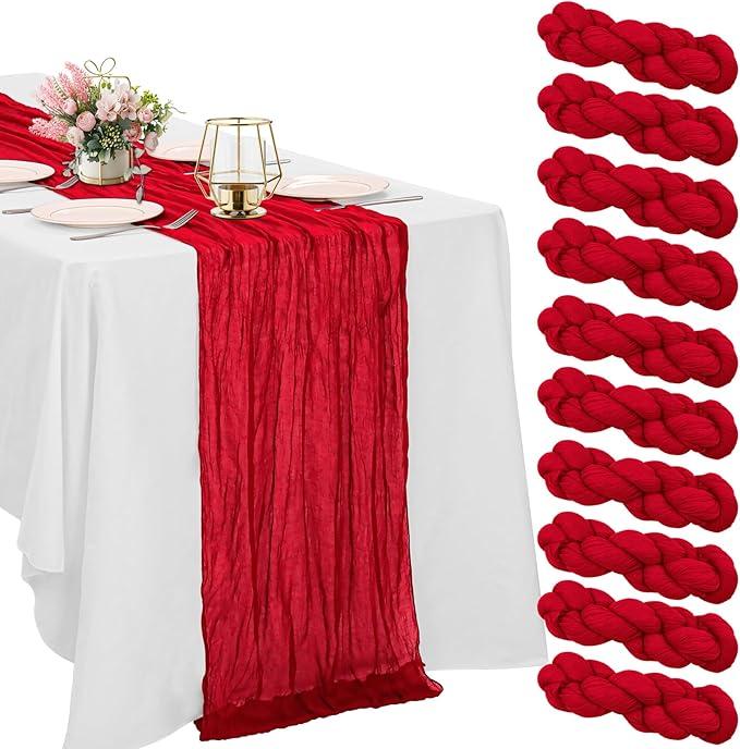 10 Pack Red Cheesecloth Table Runner 6FT Boho Gauze Fabric Table Runner Vintage Rustic Sheer Runners for Wedding Party Bridal Baby Shower Long Table Decorations (21"x72")